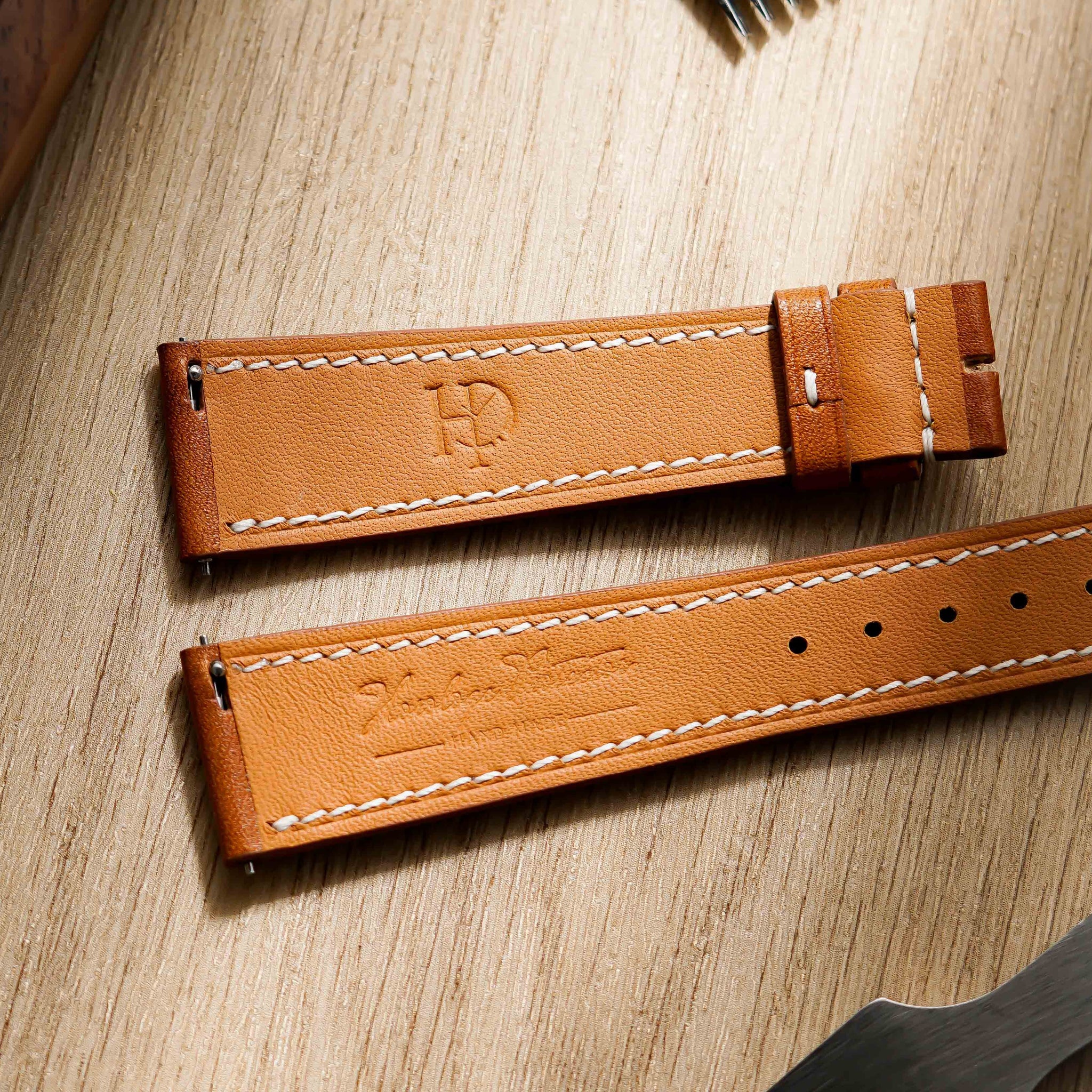 Hand made barenia leather strap in Brown