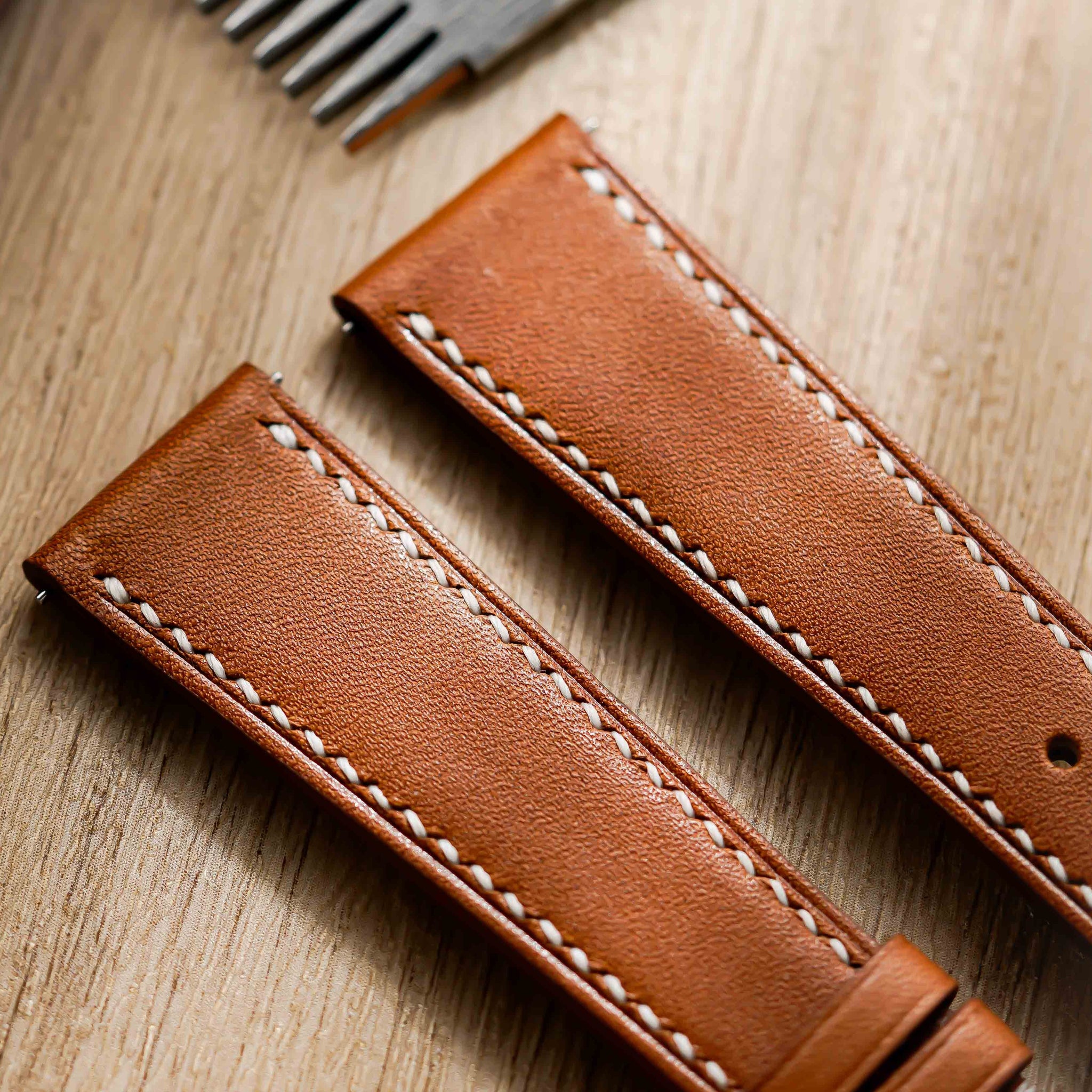 Hand made barenia leather strap in Brown